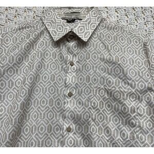 Zillian Premium Linen Shirt Men Sz M Beige White Geometric Button Up Long Sleeve